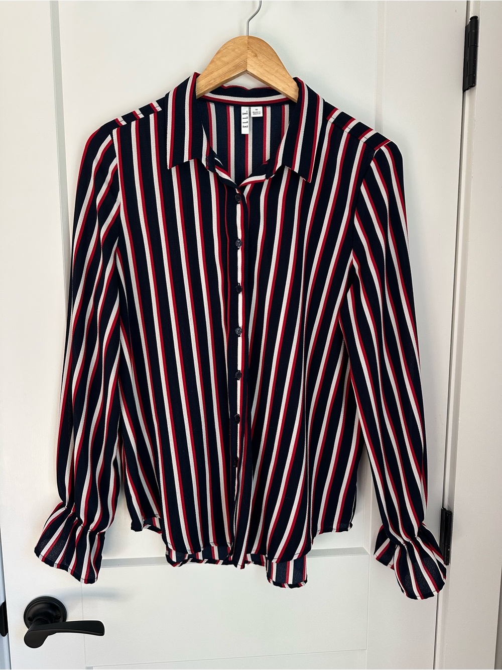 ELLE Striped Button-Down, Long Sleeve Blouse | Size M